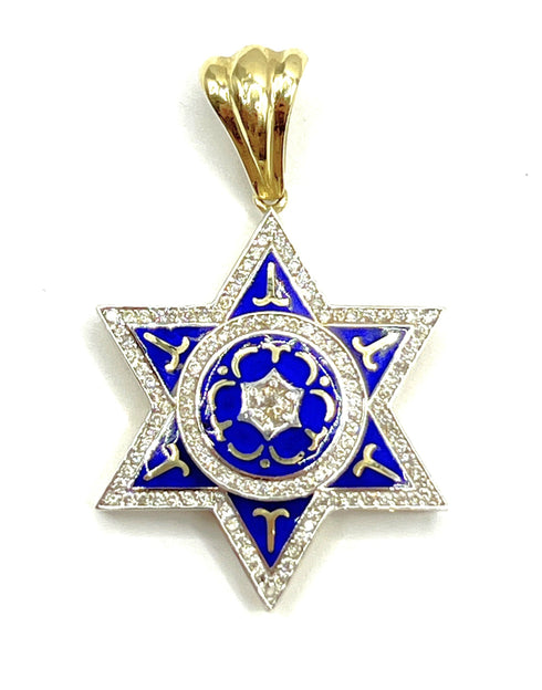 14K Gold & Diamond With Blue Enamel Star of David Necklace